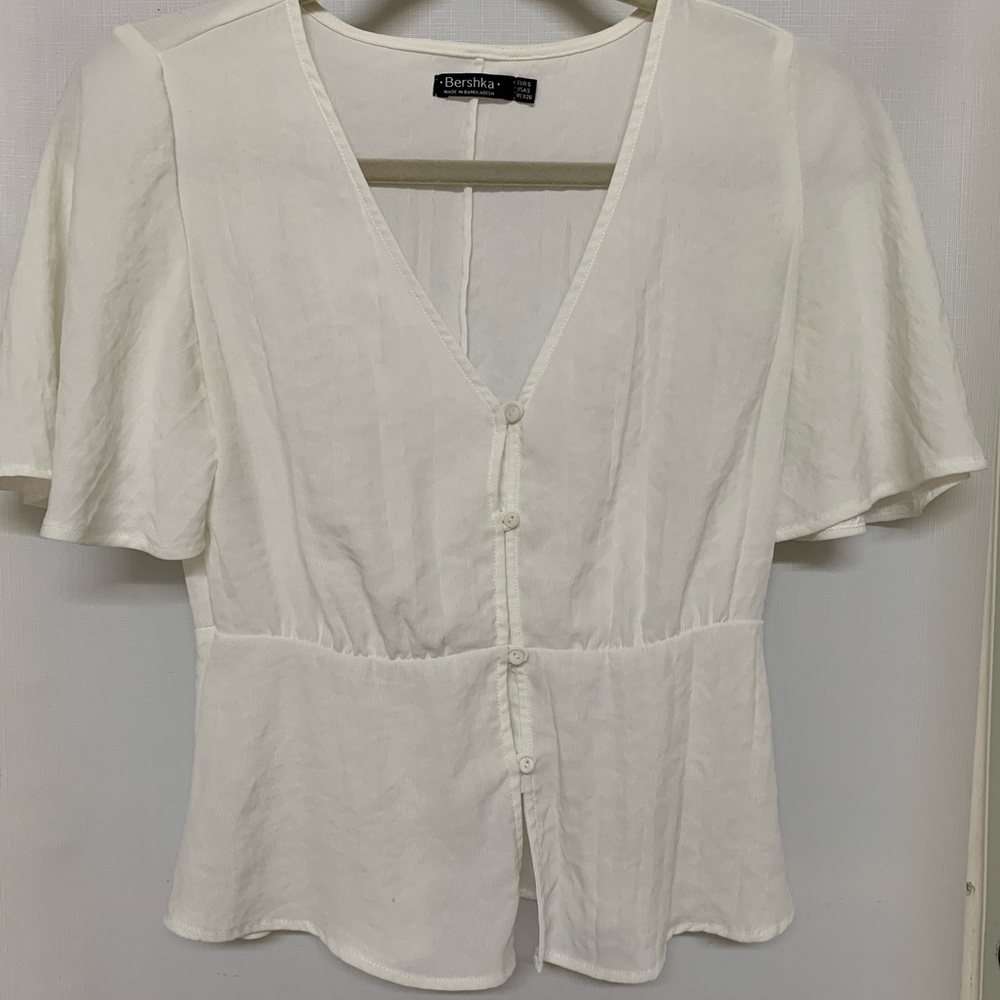 White Bershka crop button up peasant top